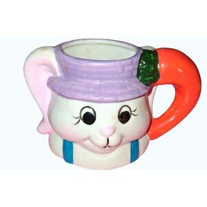 Vintage Ceramic Bunny Mug  carrot Handle Purple Hat